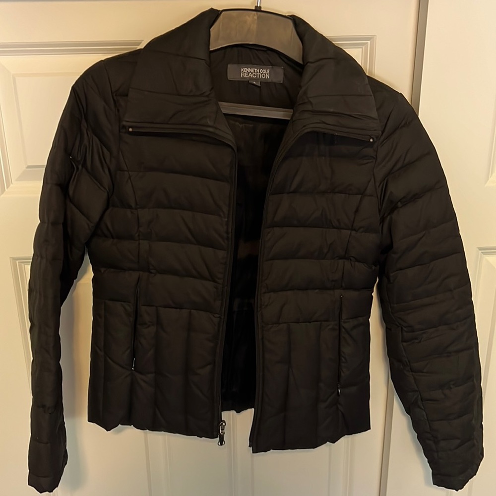 Kenneth Cole Reaction, black puffy jacket, slim fit not bulky